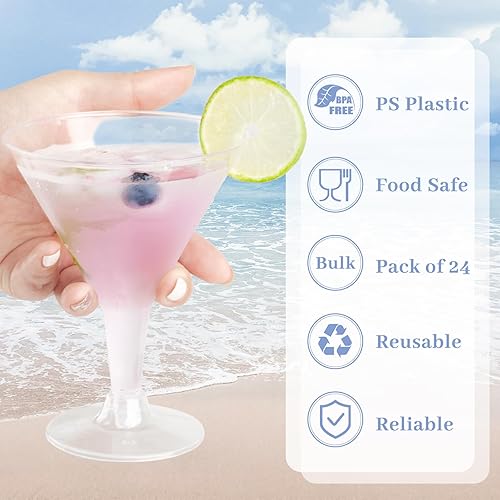 Miniatura 3 de TOFLEN Paquete de 24 vasos de Martini de plástico de 7 onzas, pequeños vasos de postre reutilizables, vasos de postre transparentes para vino de