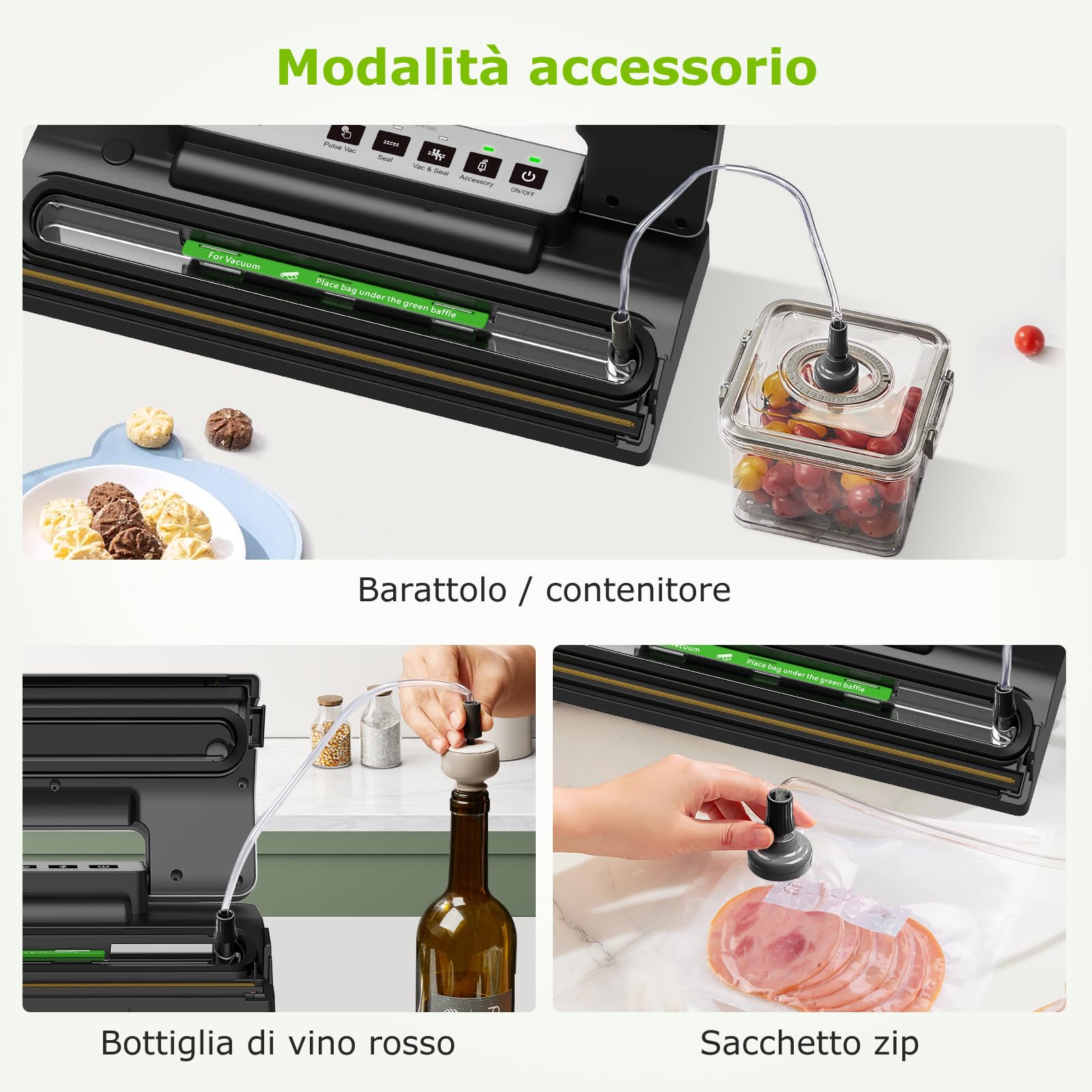Bonsenkitchen Macchina Sottovuoto, Saldatura Robusta 30 cm, Funzione Pulse per Cibi Umidi, Kit Aspirazione Esterna, Uso Continuo con Protezione Termica, con 5 Sacchetti, VS1800