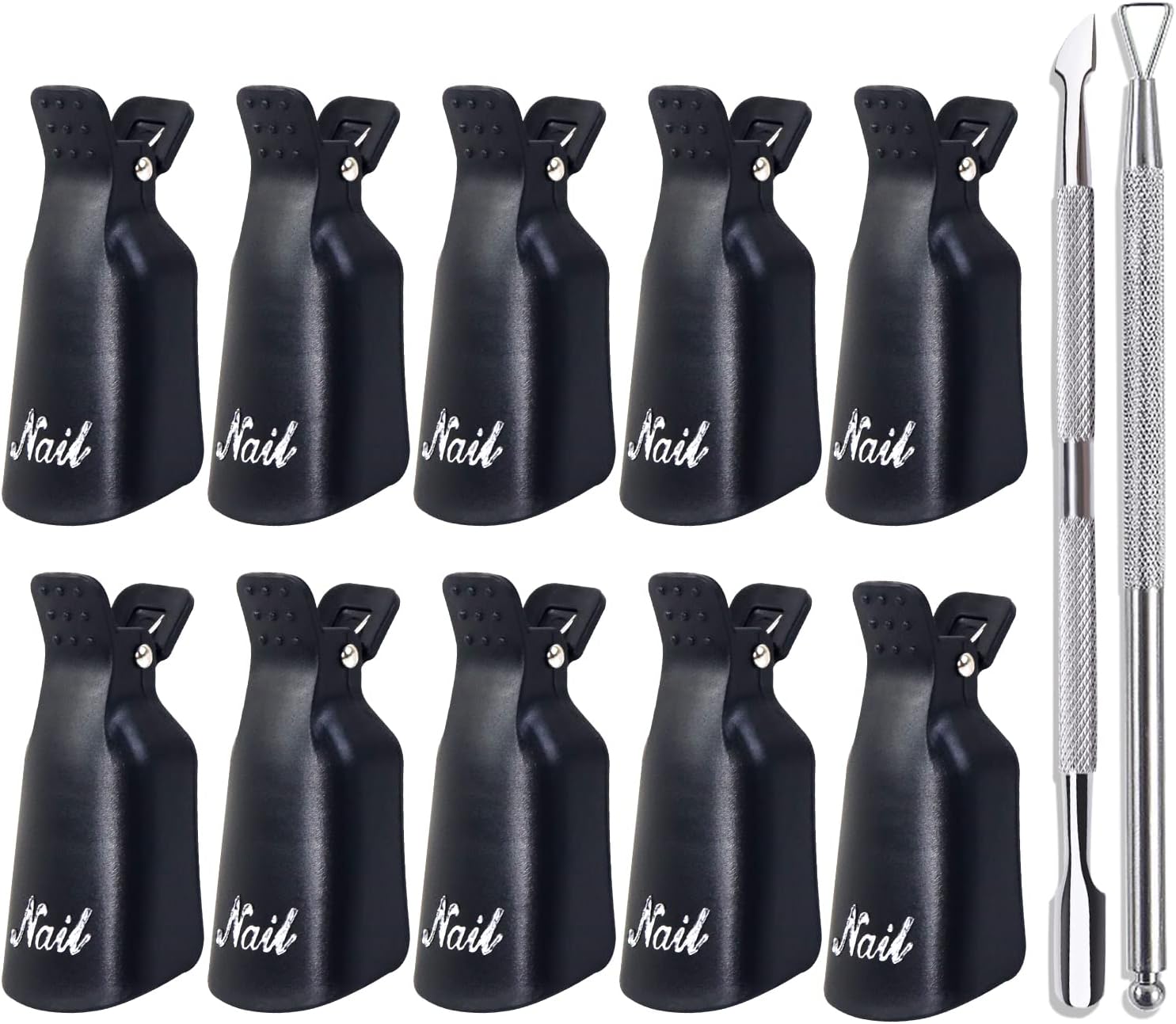 Qufiiry Nagelclips, nagelclips, 10 stuks nagelklemmen, nagellakremover clips, nagellakverwijderaar, clips, nagelclips, gel polish remover, wrap tool (zwart) met pusher trimmer, 2 stuks