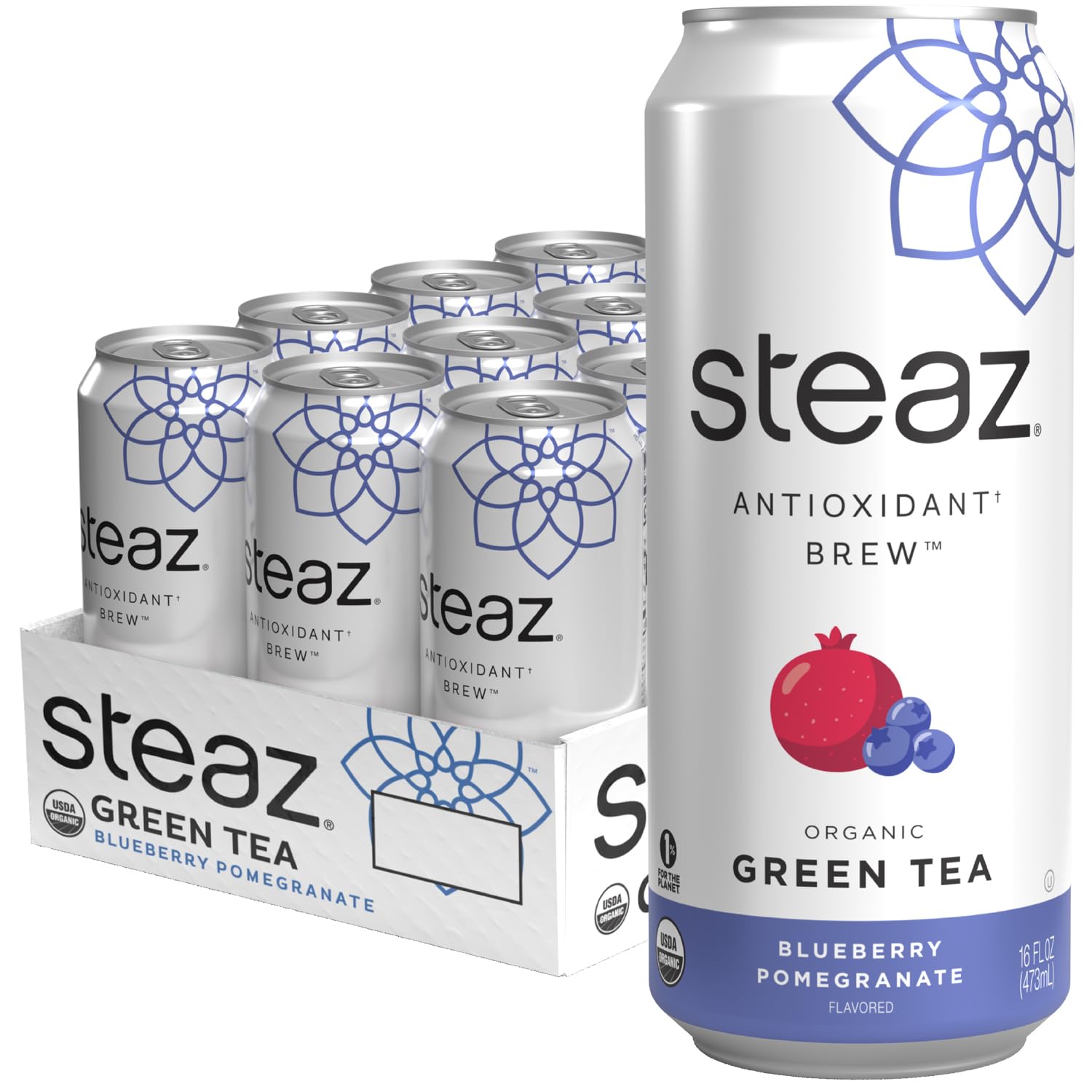 Organic Green Tea - Blueberry Pomegranate (12 Pack) - Antioxidant Brew - 65mg Natural Caffeine, 90 Calories, Vitamin C - Cane Sugar Sweetened Iced Tea - Vegan - 12 Cans, 16 fl oz (473mL)