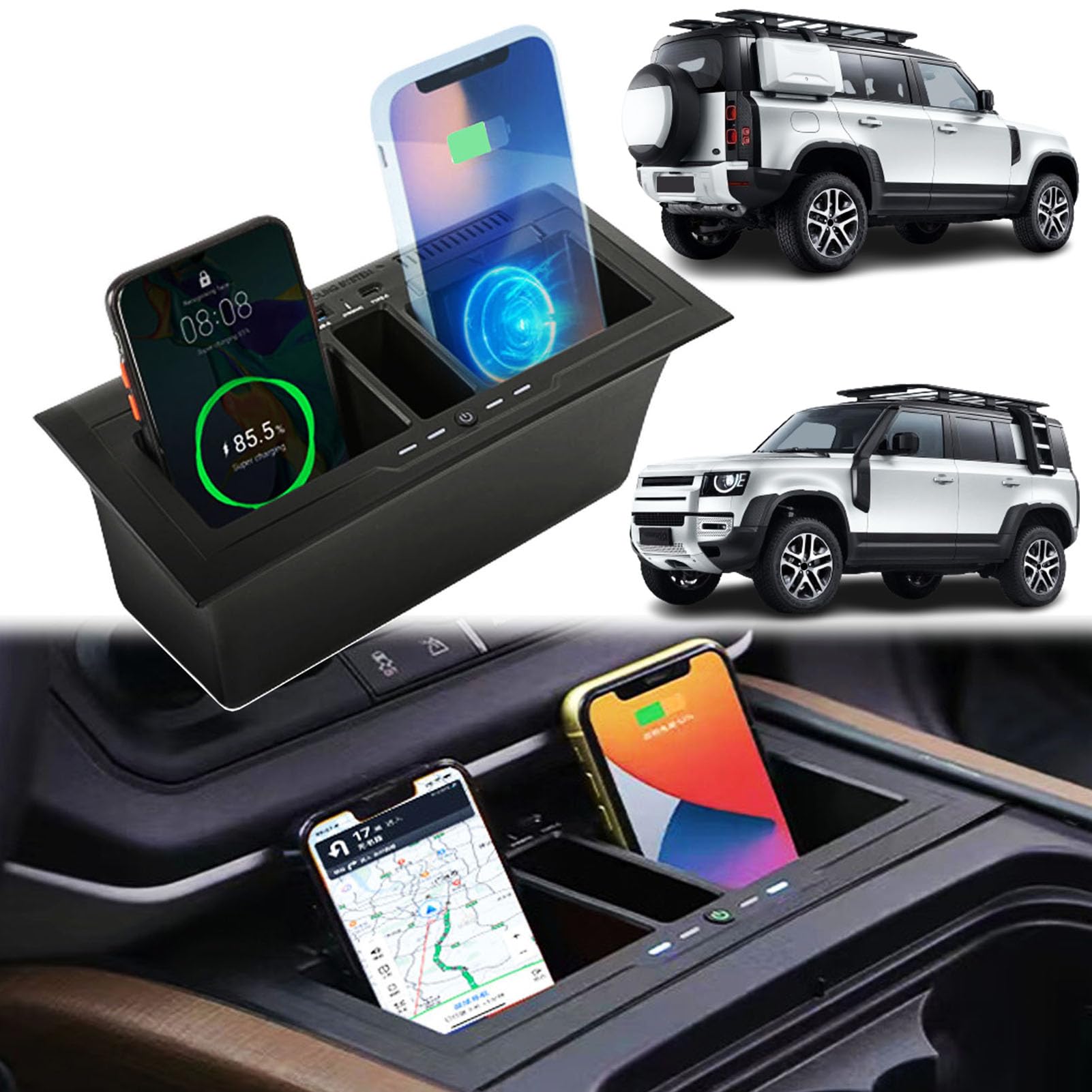 Caricabatterie Wireless Doppio per Auto per Land Rover Defender 90 / 110 / 130 (2020 2021 2022 2023 2024) con 27W USB e Type-C Pannello Console Centrale, Caricabatterie Rapido per i-Phone Sam-sung