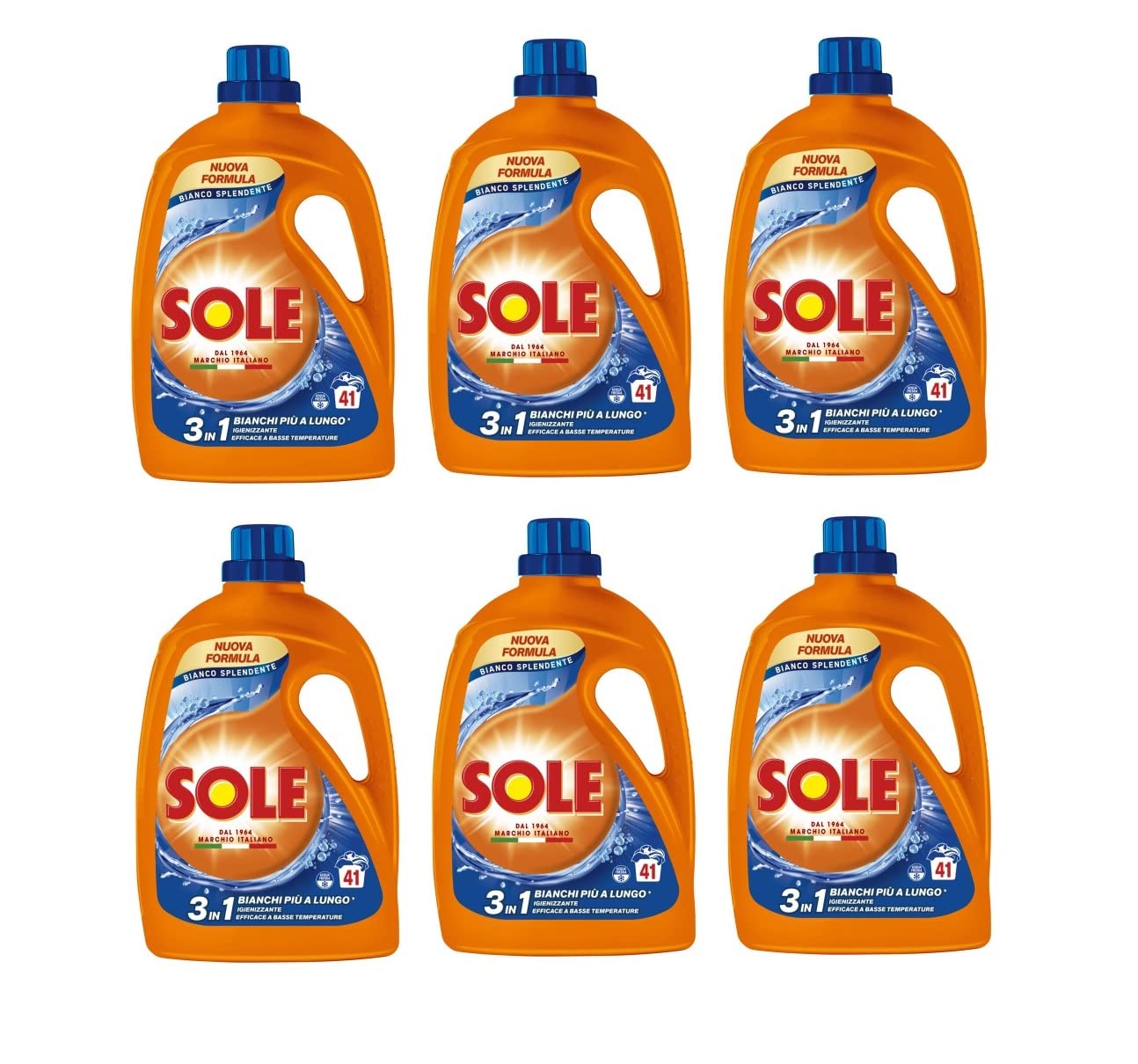 6 x Sole Detersivo Liquido Bianco Splendente 3in1 Azione Igienizzante per Lavatrice, 41 lavaggi, 1845 ml