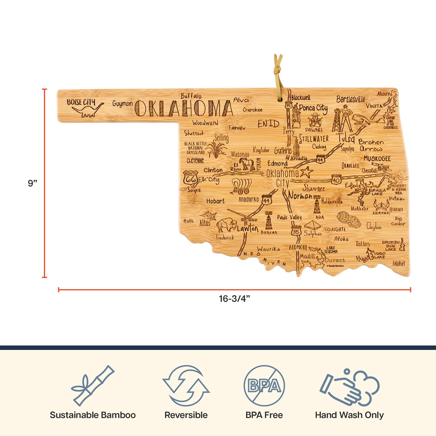 Totally Bamboo Destination Oklahoma State Shaped Cutting Board, Charcuterie and Cheese Serving Board – Oklahoma Gift for Home Décor or Everyday Kitchen Use