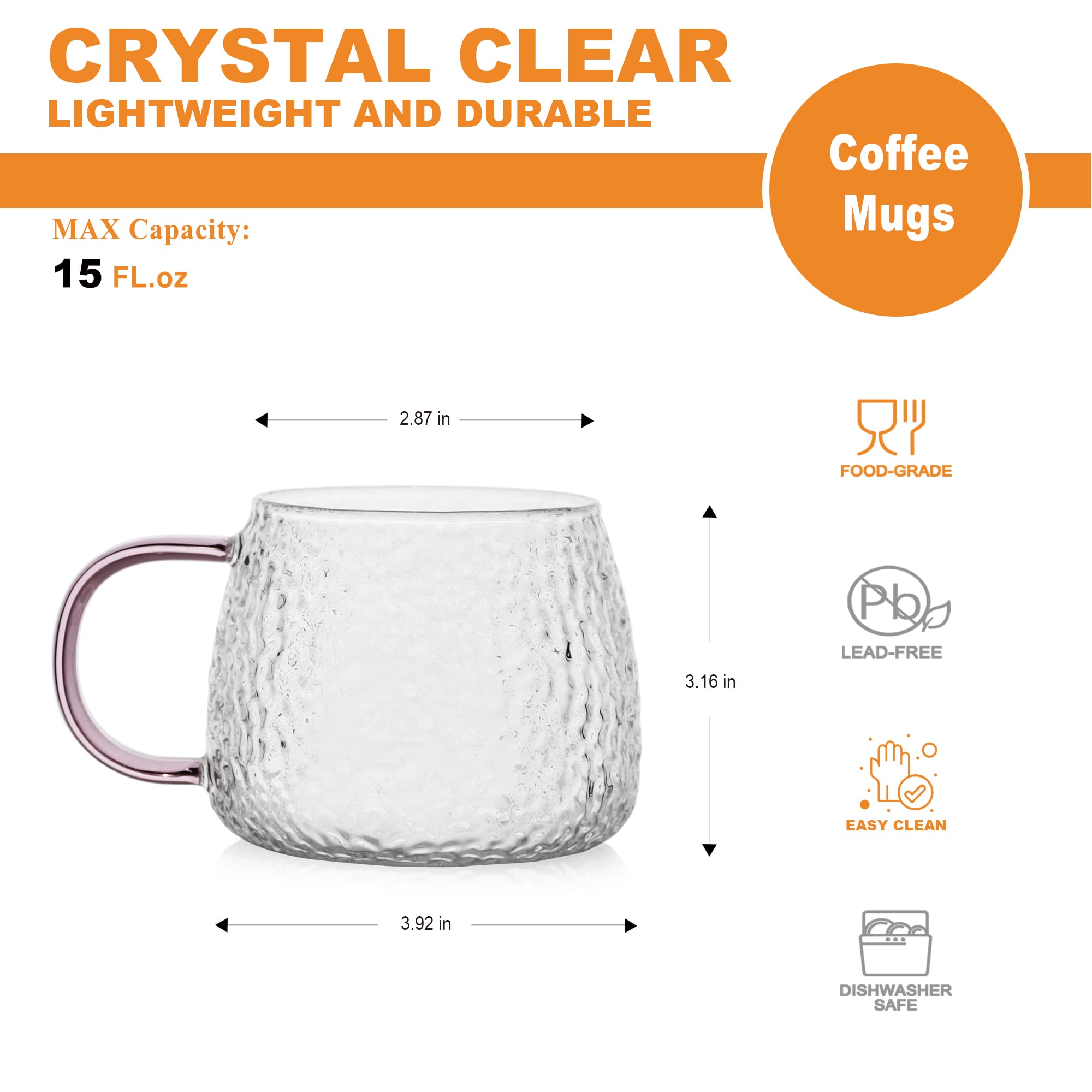 LUXU Premium Hammered Glass Tea Cups (Set of 6)-15 oz High Borosilicate Glass Coffee Mug - with Different Color Handles,Prefect for Water,Cappuccino,Latte,Mocha,Milk,Juice,Hot and Cold Beverages