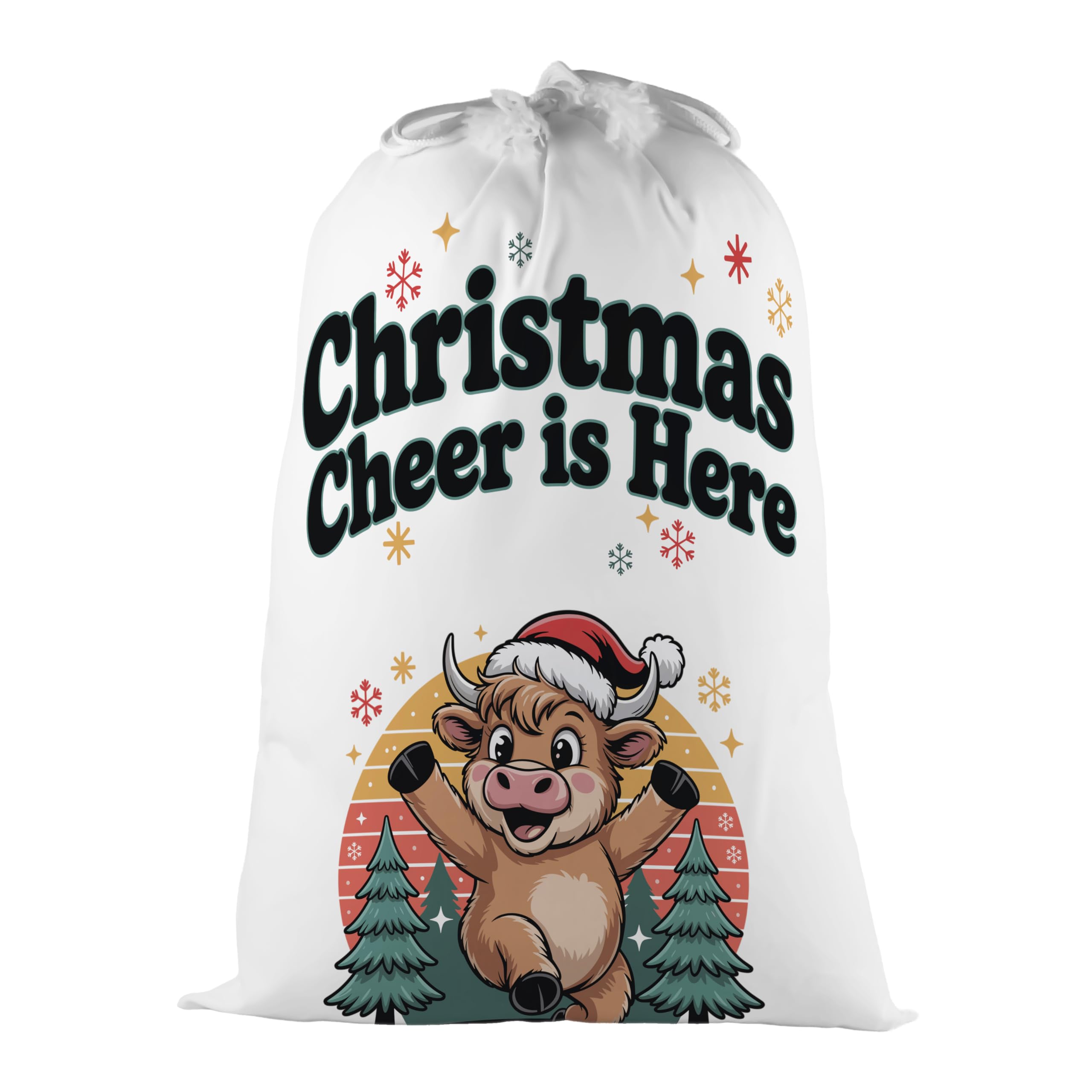 Purely Home Multicolor Novelty Childrens Christmas Santa Sack - Extra Large White Stocking Gift Bag For Xmas Presents - Highland Cow Cheer