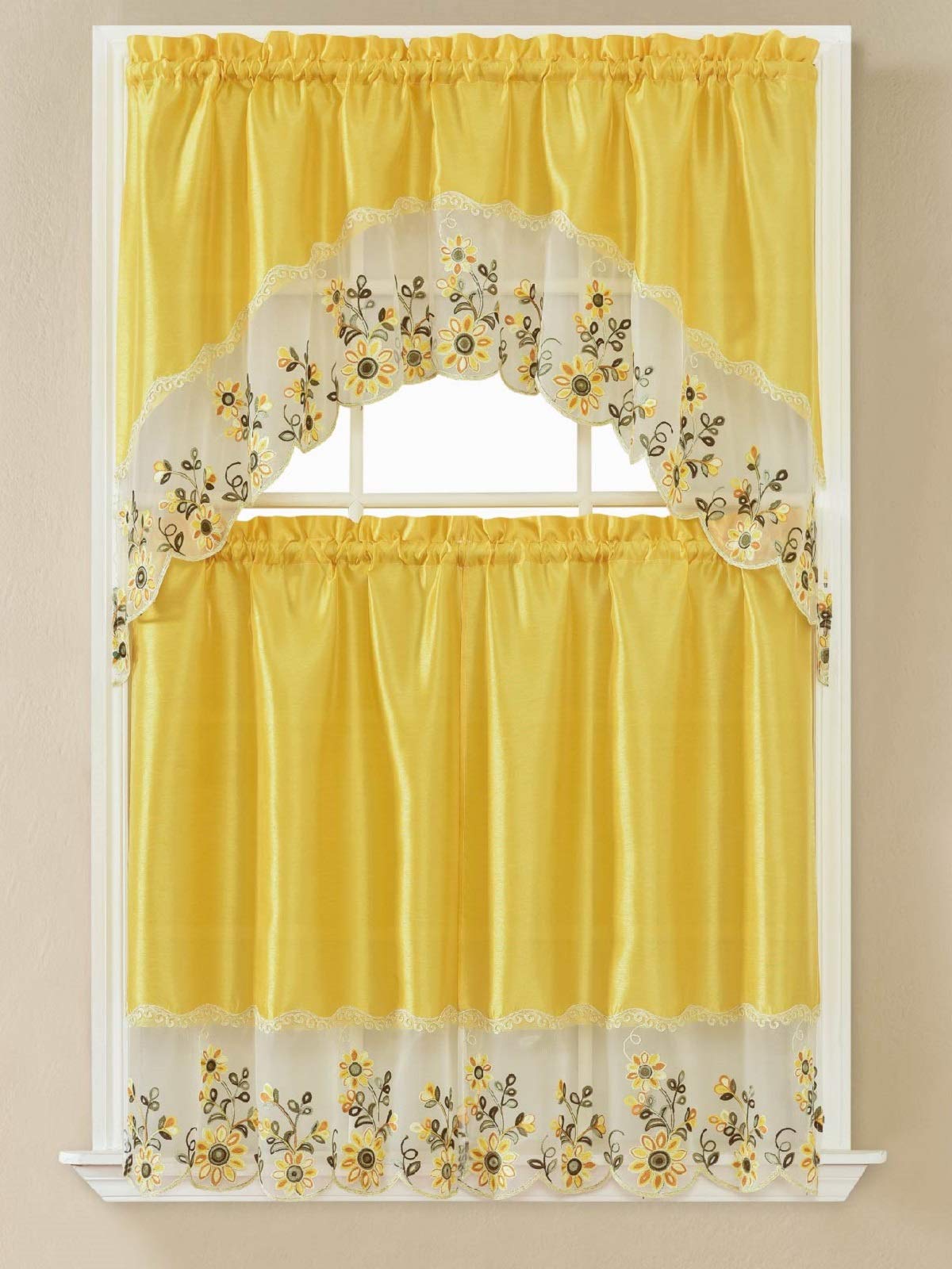 B&H Home Adeline Floral Embroidered 3-Piece Kitchen Curtain Window Treatment Set (Adeline Yellow)