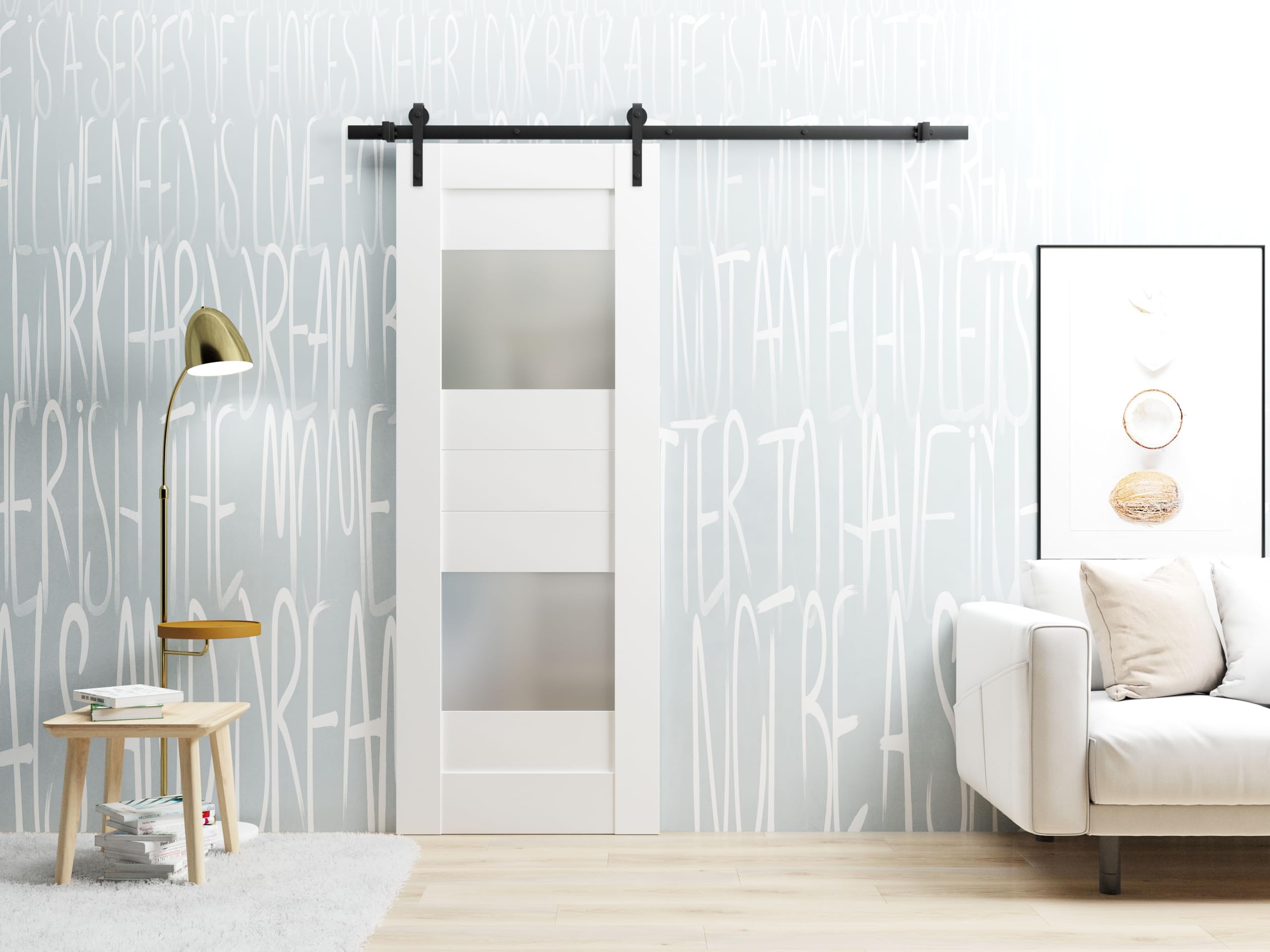 VDOMDOORS Modern Barn Door 28x84 inches Opaque Glass 2 Lites/Sete 6222 White Silk / 6.6FT Rail Track Heavy Hardware Set/Solid Panel Interior Doors