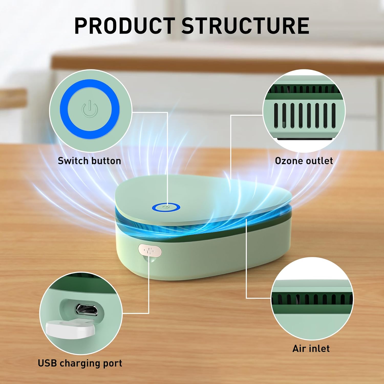 Mini Battery Powered 20mg/h Ozone Machine for Hunting Home Shoes cabinet Fridge Cat litter(green)