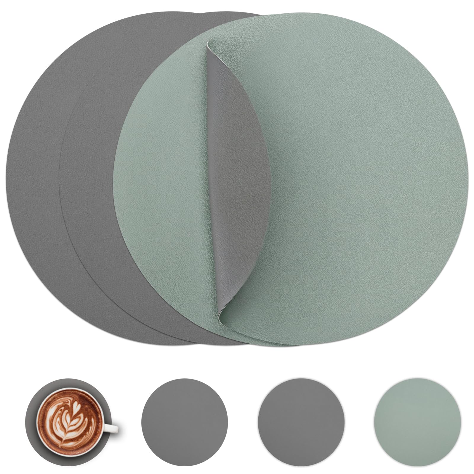 Myir JUN Tischsets 4er Set, Tischsets Abwaschbar Platzsets Rund Ø 38cm Platzdeckchen Rund Doppelseitigen rutschfest Platzsets Kunstleder Leder Tischset Lederoptik (Grau & Salbeigrün, 4er Set)