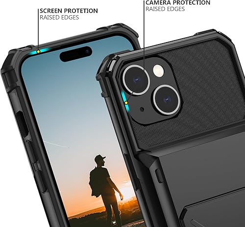 Miniatura 4 de Nvollnoe Funda compatible con iPhone 15 con tarjetero almacena 5 tarjetas Funda de doble capa resistente a prueba de golpes con ranura oculta para