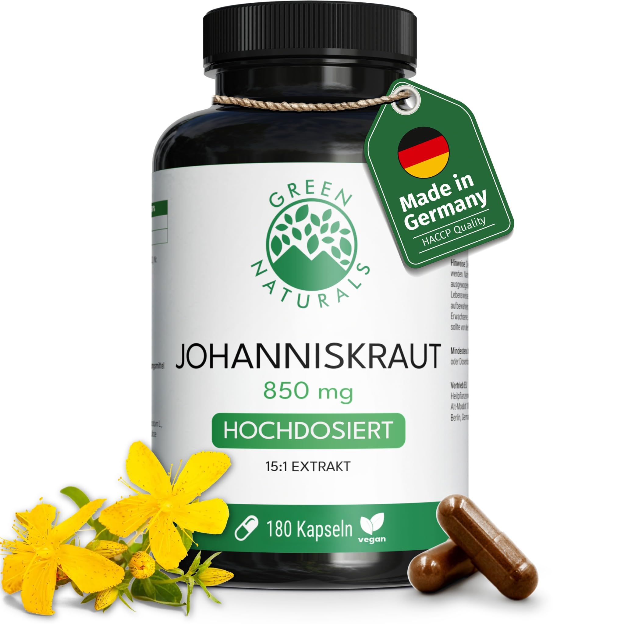 Green Naturals Johanniskraut – Hochdosiert: 850 mg Extrakt – 180 Kapseln | 15:1 pro Tagesdosis · Entspricht 12.750 mg · 2,55 mg Hypericin · Hypericum perforatum · 3-Monatsvorrat