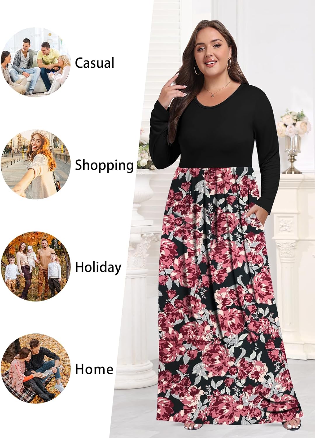 Womens Plus Size Maxi Dresses for Curvy Women Long Sleeve Long Dresses with Pockets 1X-5X - Image 5