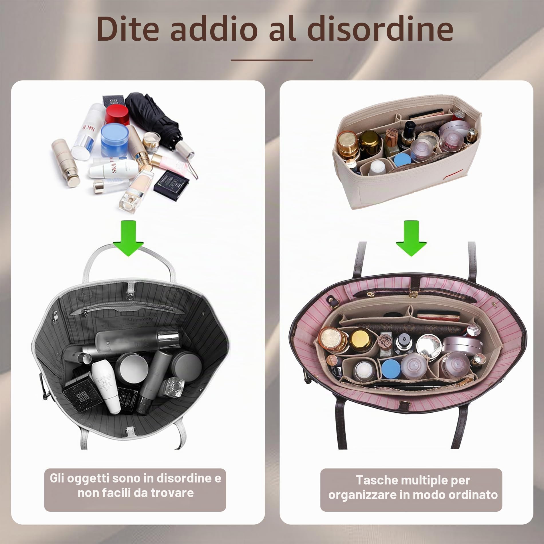 Doxo, Set di 2 organizer per borse e base sagomata, organizer in feltro con cerniera, misura L, 7 misure, adatto per Speedy, Neverfull MM/City33 e altre (combinazione beige, L)