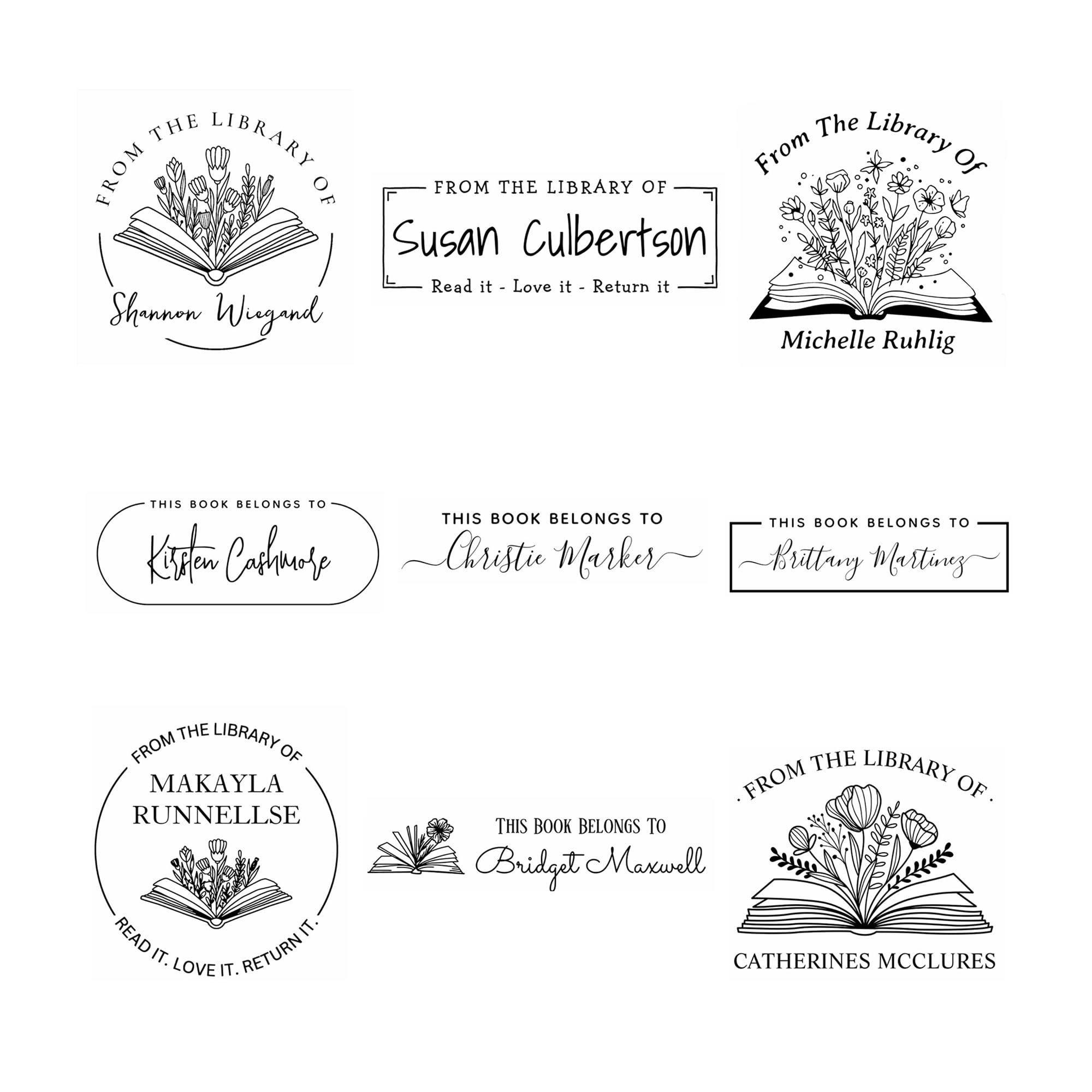 Generic from The Library of Self-Inking Stamps & Embossers, Floral Book Stamp Personalized, Custom Book Embosser, Ex Libris, Black