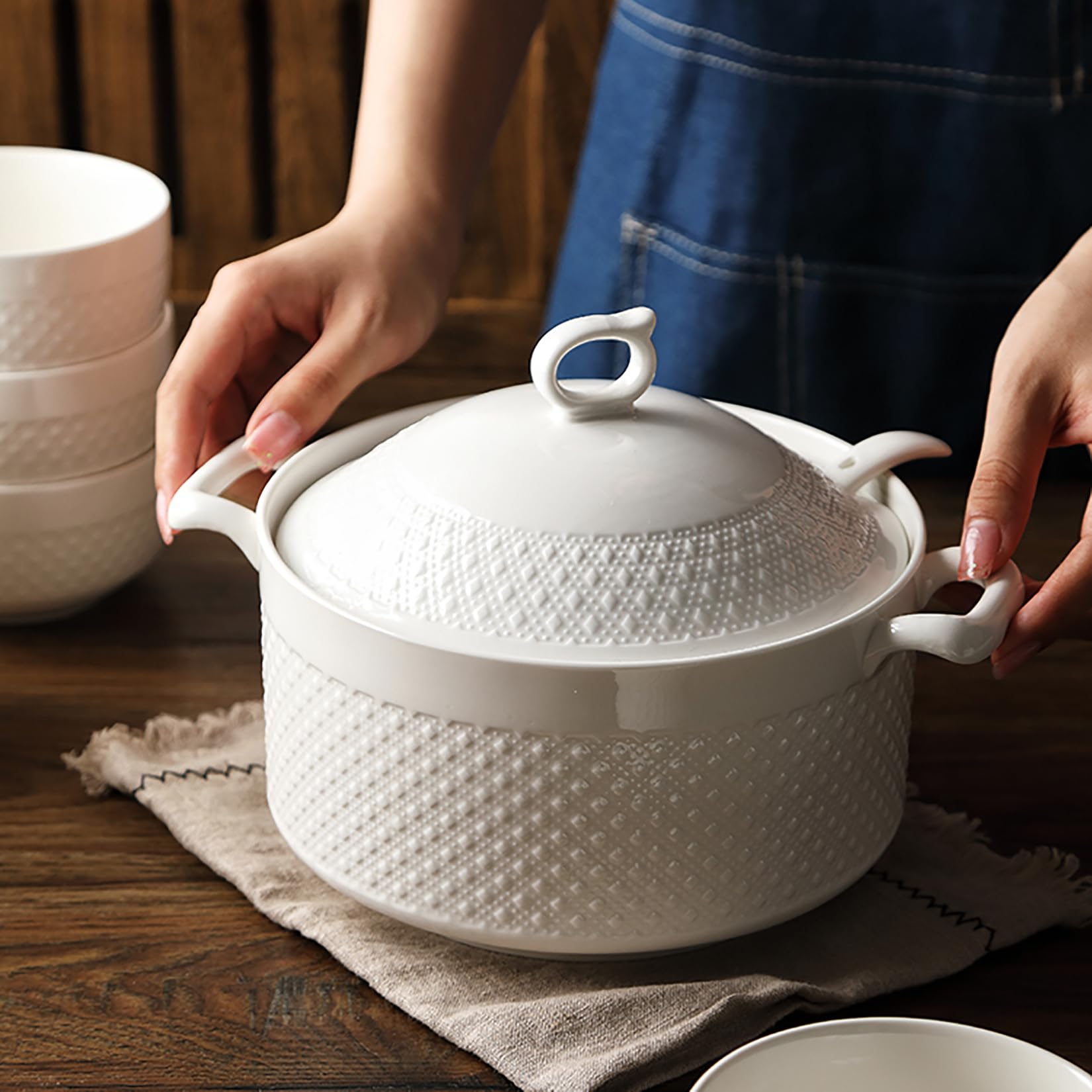 Soupière avec Bols, Soupe Service Bol en Porcelaine avec Couvercle et Louche Ensemble de Vaisselle Blanche pour la Cuisine à Domicile et Le Restaurant,3.6l+6