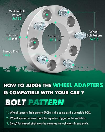Miniatura 3 de SCITOO 4 adaptadores de rueda de 5 x 135 a 5 x 5.5 pulgadas, orificio de 1.5 pulgadas, pernos de 3.429 in, 14 x 2 5 lengüetas, espaciadores de rueda