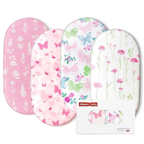 Miniatura 8 de Gllquen Baby Paquete de 4 sábanas de moisés, transpirable, acogedora, sábana bajera elástica para cuna de viaje, patrón floral de moda, sábanas