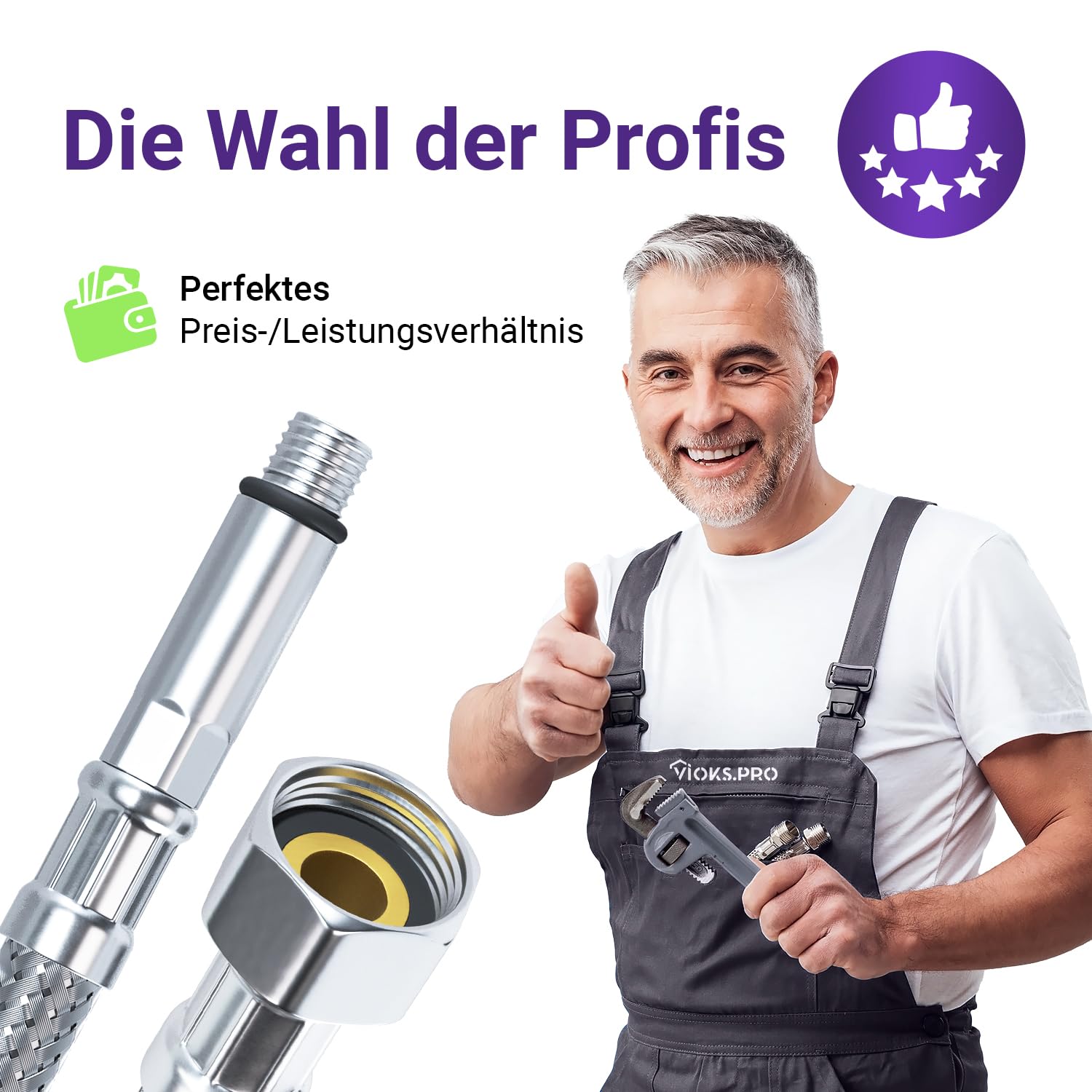 Viоks.pro 100 cm tubo di collegamento 3/8 pollici ÜM x M10 in acciaio inox – Tubo doccia 1 m tubo in gomma intrecciato – Tubo flessibile per rubinetto 3/8 pollici