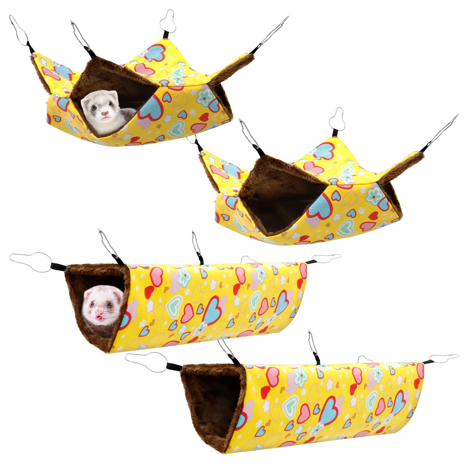 4Pcs Hamster Hammock Set,Double Layer Ferret Rat Hammock for Cage,Soft Guinea Pig Hideout Bed with Tunnel,Washable Small Animal Accessories for Ferrets Squirrels Hamsters Rabbits Guinea Pigs(Yellow)