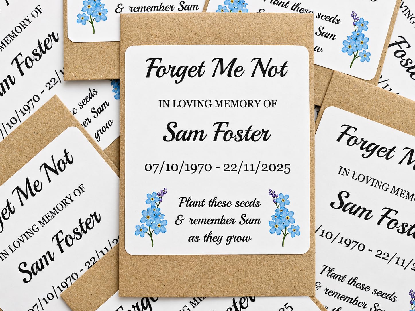 Personalised Funeral Favours Forget Me Not Memorial Remembrance Seeds (72)