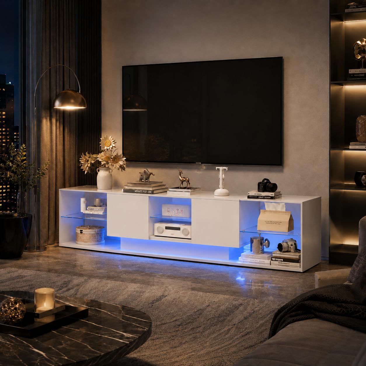 Mueble TV LED Blanco 200 cm, Mueble de TV Moderno con Luz LED.Mesa Televisión Salón con 2 cajones y Estante de Cristal, Armario Bajo para salón o Dormitorio, 200 x 35 x 45 cm (Blanco, B)