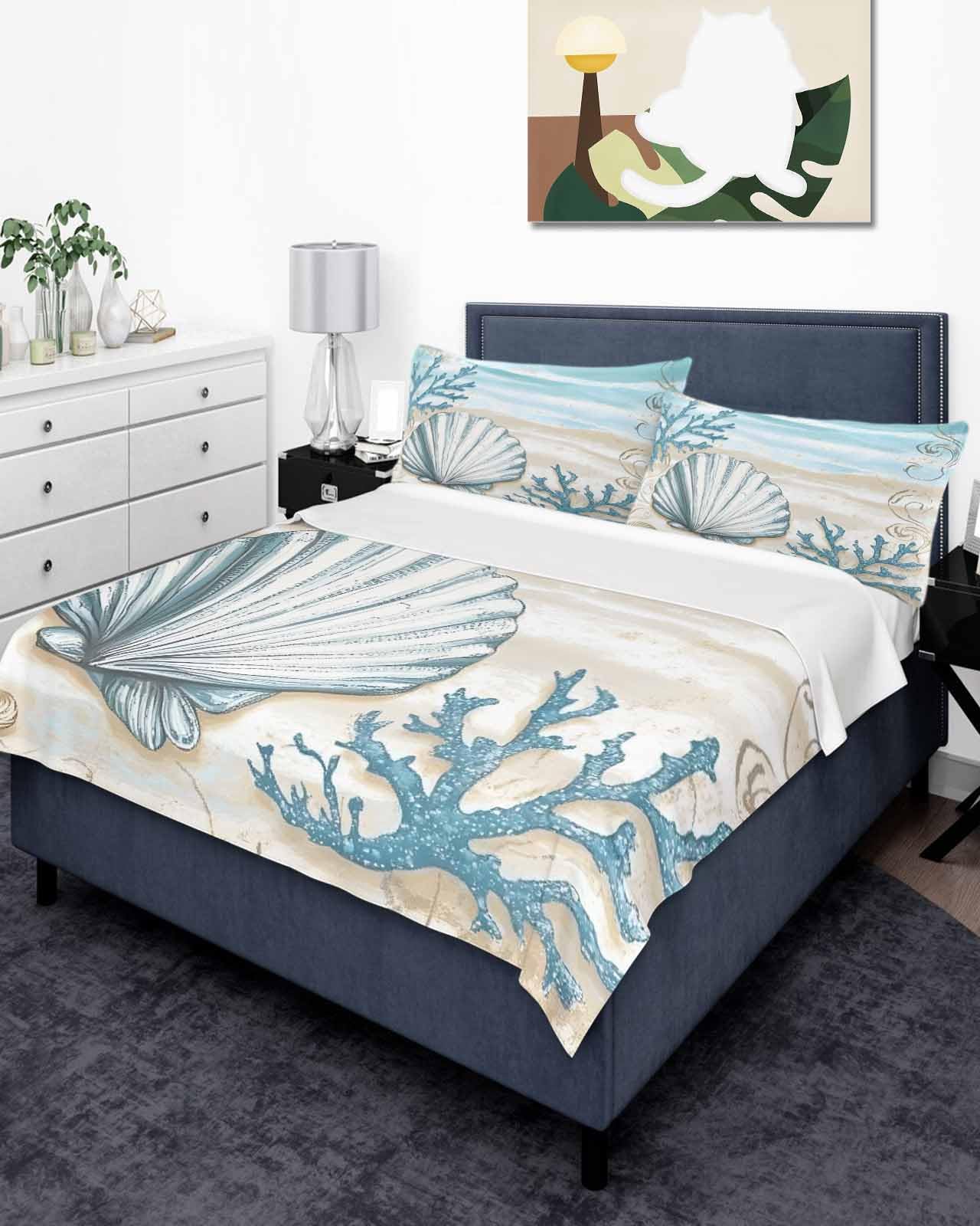 Twin XL Top Sheet Bedding Flat Sheet Only, Cartoon Shell Gradient Blue Waves Soft Microfiber Bed Sheets Hotel Luxury, Summer Ocean Beach Coral Breathable Top Sheets Easy Care