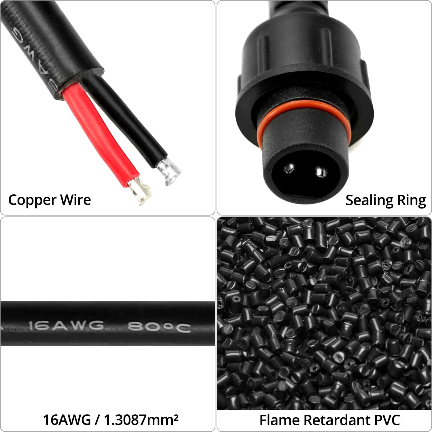 QWORK® 2-pinowe złącze elektryczne IP68 Wodoodporne z przedłużaczem 16AWG 20 cm do łańcuchów świetlnych Taśmy LED - 5 par
