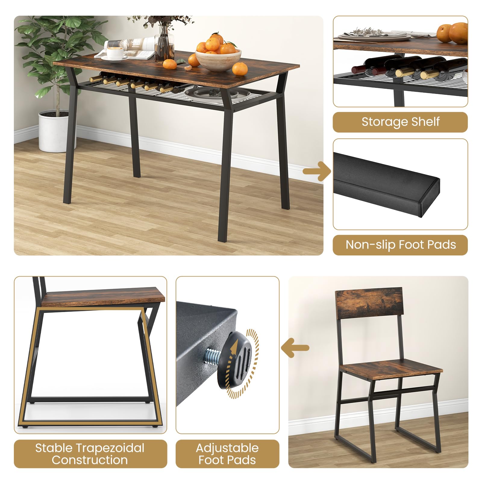 GIANTEX Essgruppe Esstisch mit 4 Stühlen, Esszimmergruppe Küchentisch Set für 4 Personen, Esszimmer Tisch Set Esstisch Metallrahmen, Esszimmergarnitur Sitzgruppe Industrie für Esszimmer Küche