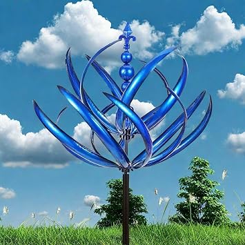 Large Outdoor Metal Wind Spinners, Unique and Magical Metal Windmill, Yard Garden Solar Wind Spinners with Stake, 360 Swivel Wind Sculpture, Yard Art Lawn Garden Decoration Blue