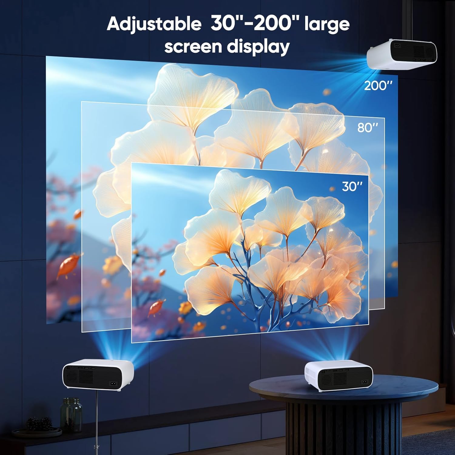Three ZDK 1080P Mini Projectors projecting images of different sizes (30, 80, and 200 inches) onto a wall, illustrating the adjustable screen display feature.