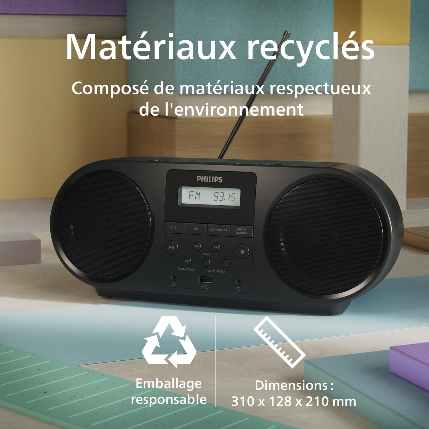 Philips TAZ5000 Lecteur CD Radio FM Bluetooth 5.4 USB Batterie Alimentation CA Amplification Dynamique des Basses Prise Casque 3,5 mm