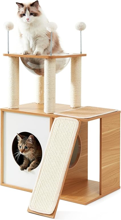 Made4Pets Cat Tree for Indoor Cats, Modern Cat Tower Tall for Large Cats Kitten, Wood Kitty Condo Climbing Furniture Heavy Duty, Vesper Cute Castle with Scratching Post and Ramp