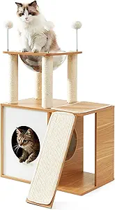 Made4Pets Cat Tree for Indoor Cats, Modern Cat Tower Tall for Large Cats Kitten, Wood Kitty Condo Climbing Furniture Heavy Duty, Vesper Cute Castle with Scratching Post and Ramp