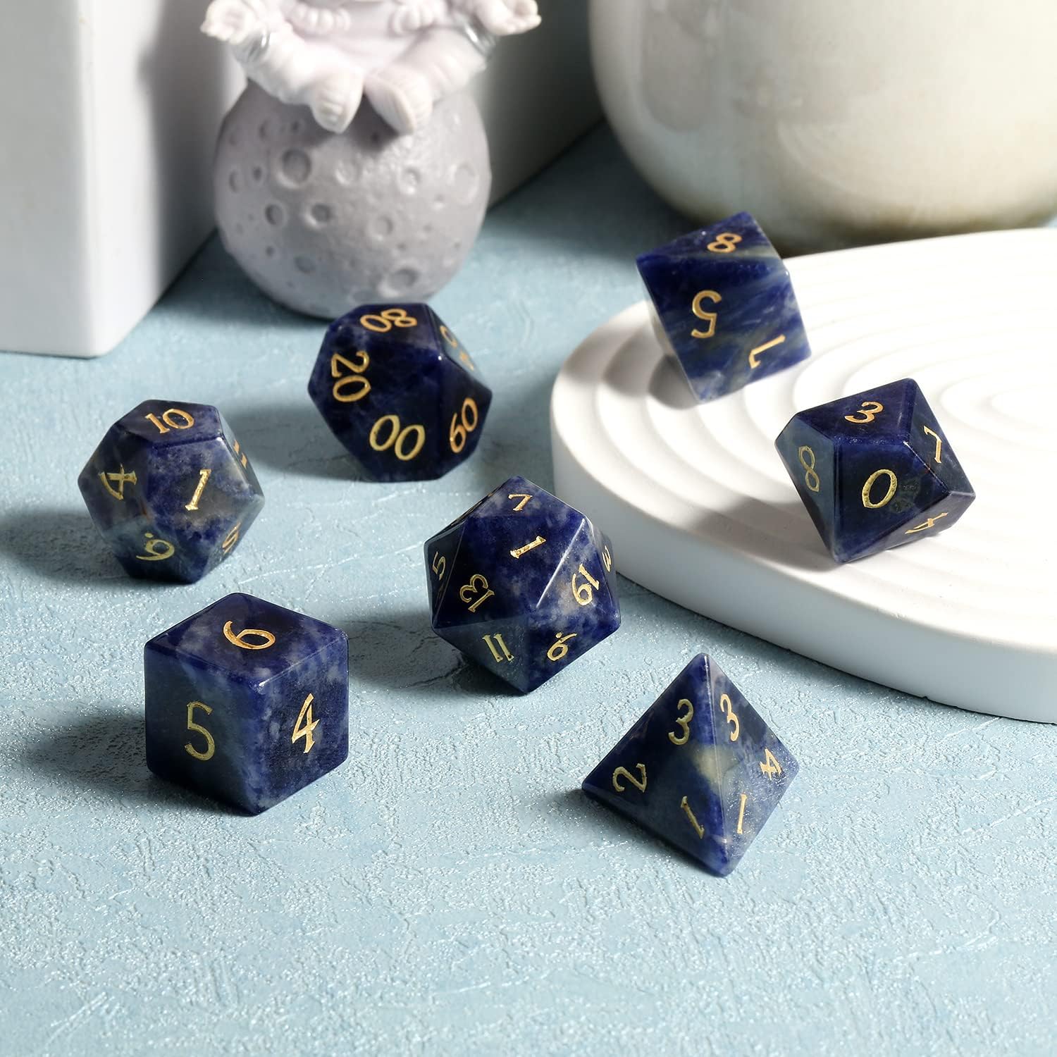 Blue-Vein Stone D&D Dice Set DNDND 7 PCS Natural Gemstone DND Dice with Gorgeous Gift Case for Dungeons and Dragon Tabletop Game (Blue-Vein)