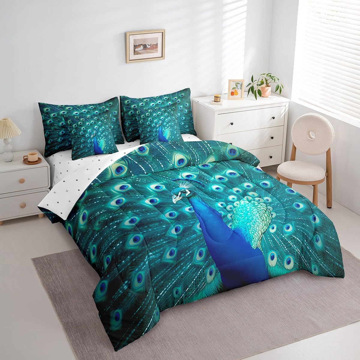 Peacock Bed in a Bag Queen Comforter Set 7 Piece,Peacock Feather Print Bedding Sets Teal Cute Animal Pattern Sheet Set with Comforter,Flat Sheet,Fitted Sheet,2 Pillowcases,2 Throw Pillow Covers