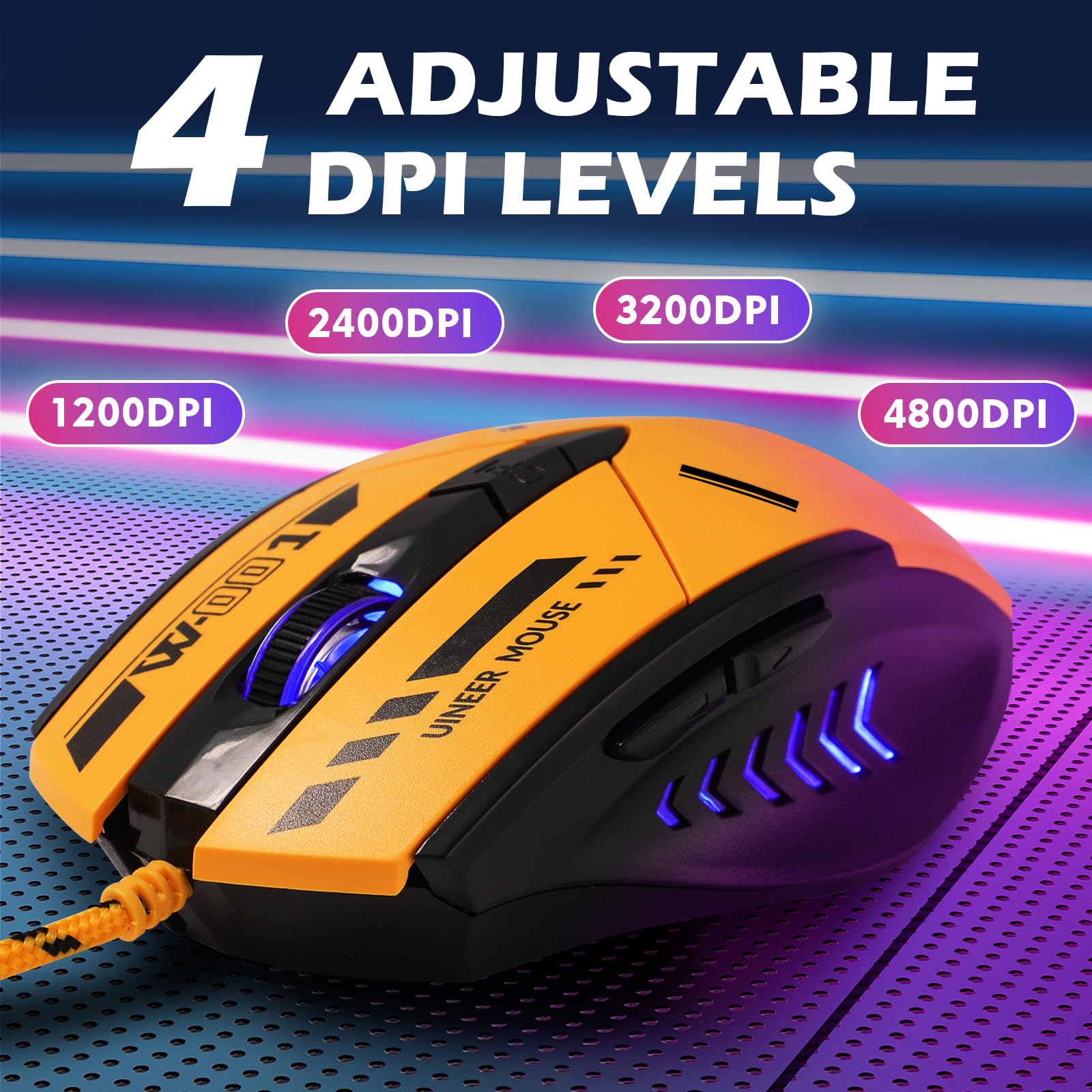 Uineer Wired Mouse Gaming, 4 Adjustable DPI Levels, 6 programmable Buttons, 4-Colour auto-Breathing Light, 1.5m USB Cable - Plug & Play for PC Laptops?Yellow?