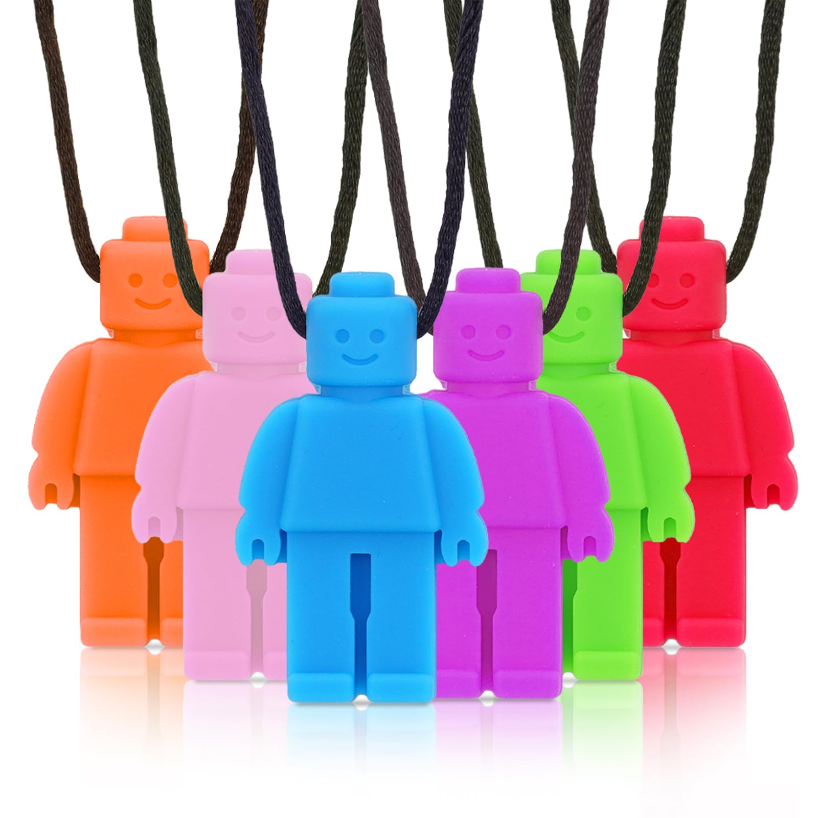 ORUZA 6 Stück Roboter Männer Kauen Halskette, Silikon Sensory Kauen Halskette für Zahnen, ADHS, Autismus, Biting Needs, Oral Motor Chewy Beißring für Autistische Kinder Baby Jungen Mädchen