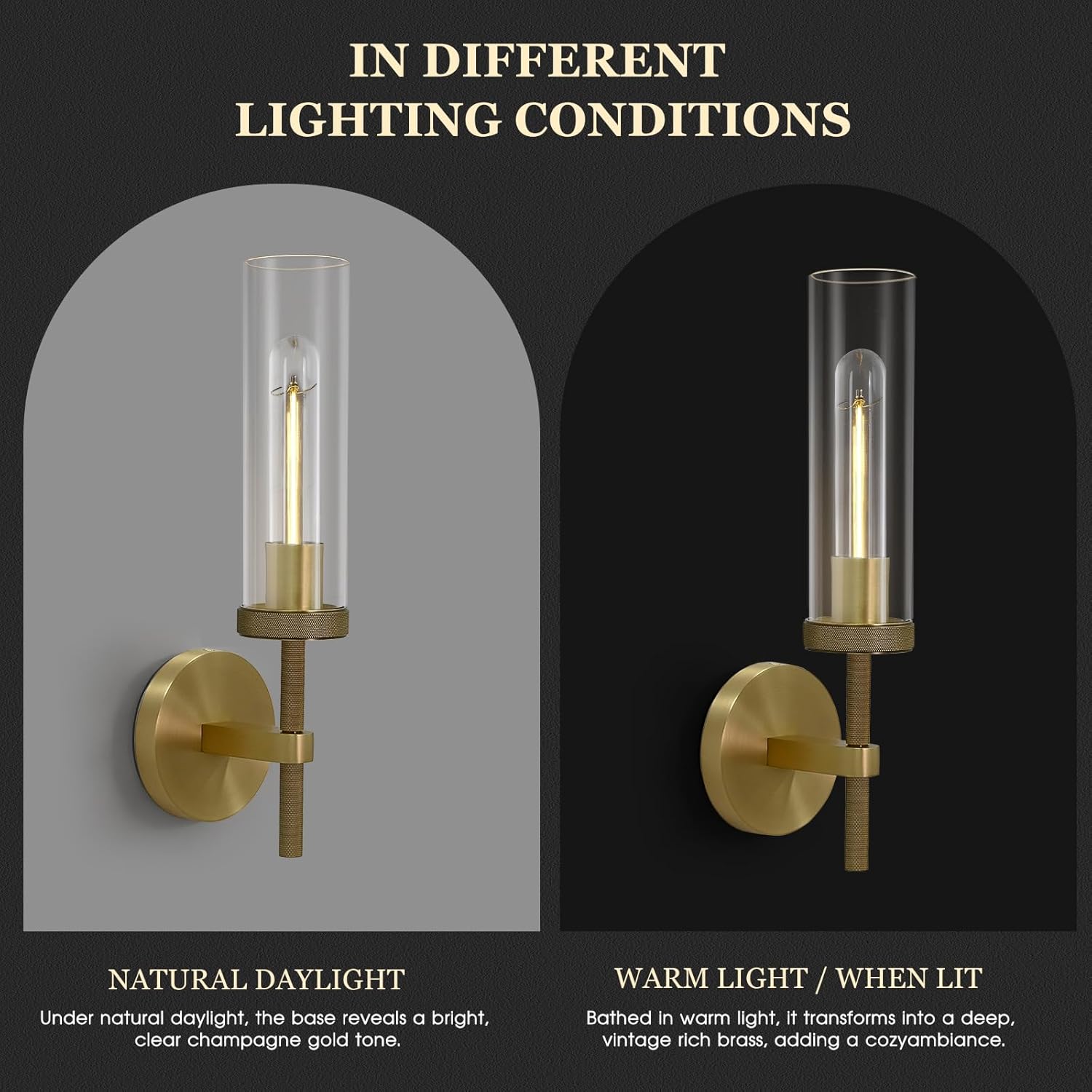 Brass Wall Sconces Lights Indoors, 14" Knurled Linear Sconce, Gold Bathroom Wall Sconces, Glass Tube Vanity Sconces Wall Lighting, Wall Lights for Mirror, Living Room, Bedroom, Hallway