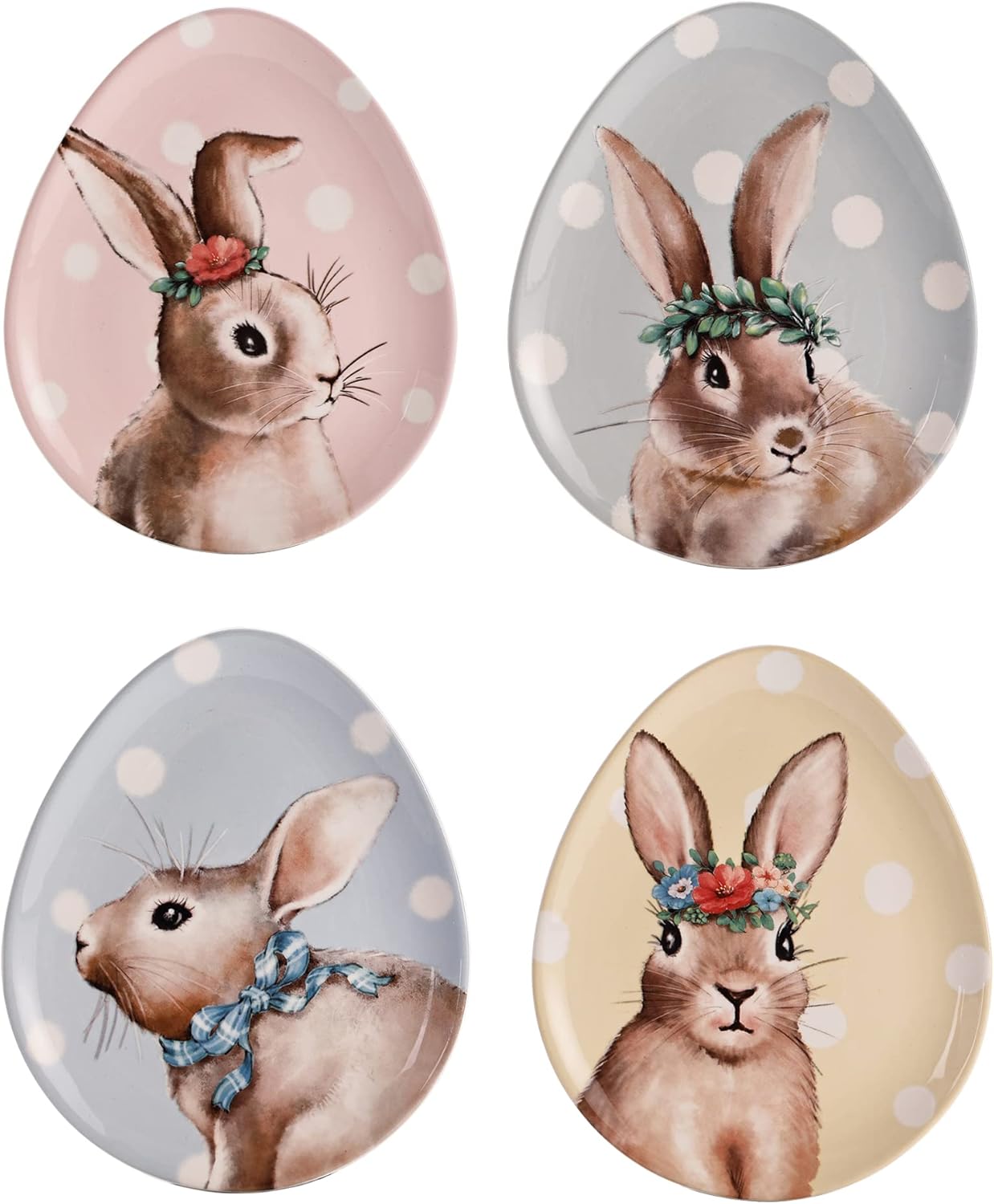 Bico Farmhouse Bunny Ceramic Egg Shape Salad Plates, Easter Plates Set, Set of 4, for Salad, Appetizer, Microwave & Dishwasher Safe
