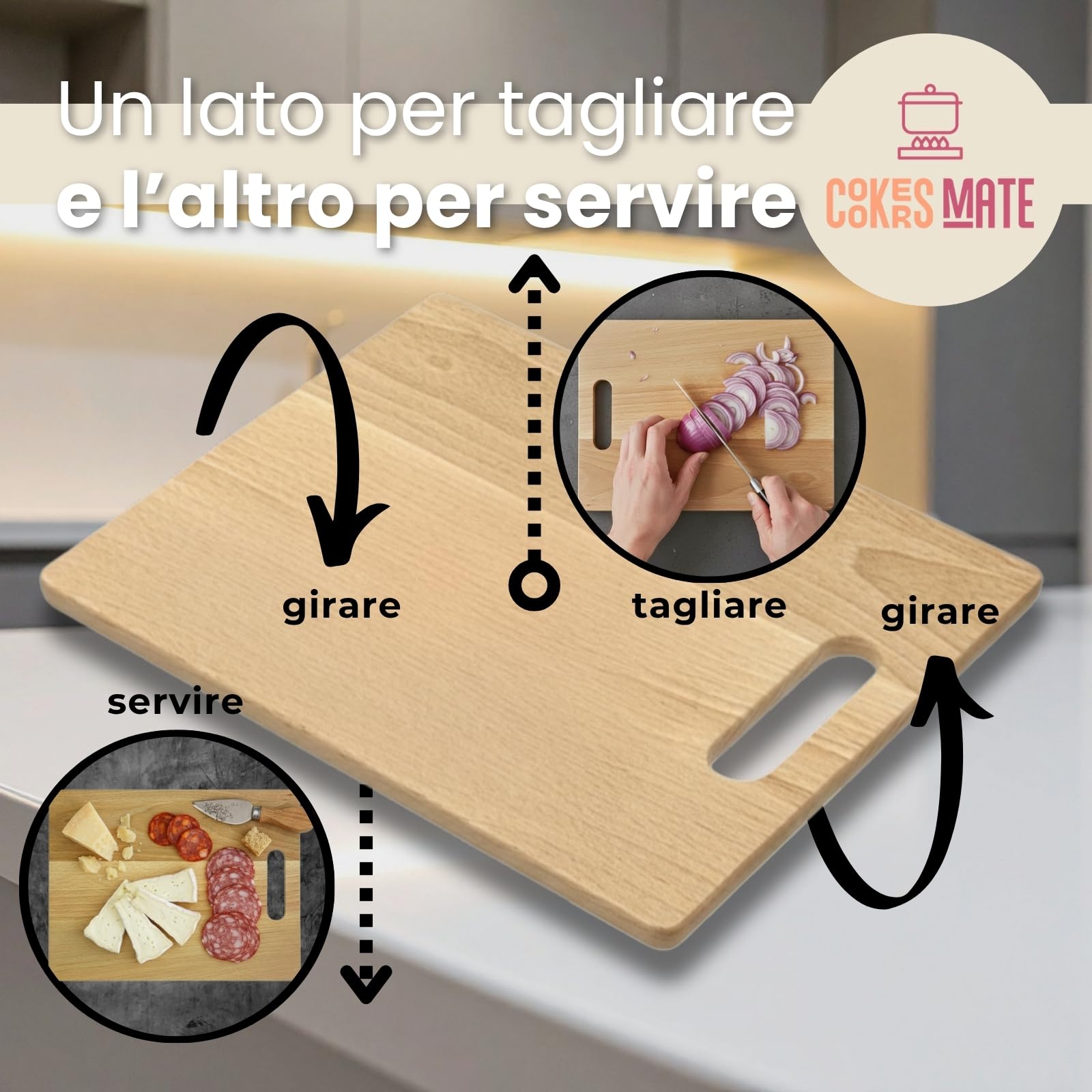 Set di 3 Taglieri in Legno di Faggio, Taglieri da Cucina con Manico, Set aperitivo, Cutting board wood, Made in Europe, 33x22/28x22/22x15 cm