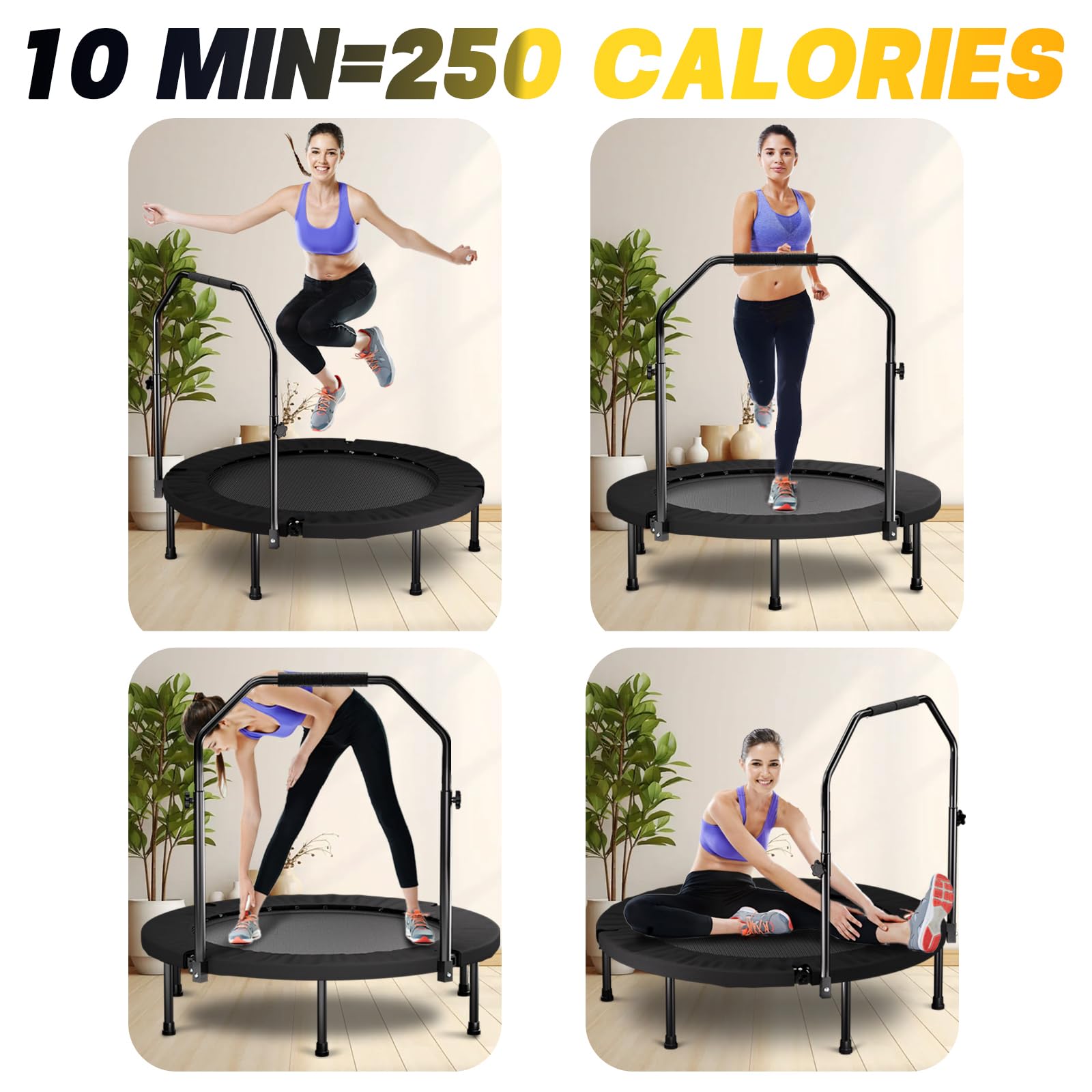 Trampolina fitness, składana, 101 cm, z uchwytem mocującym – mini trampolina dla dorosłych, uchwyt N, 36 sprężyn i 6 nóg – stabilna trampolina do domu i kardio – czarna