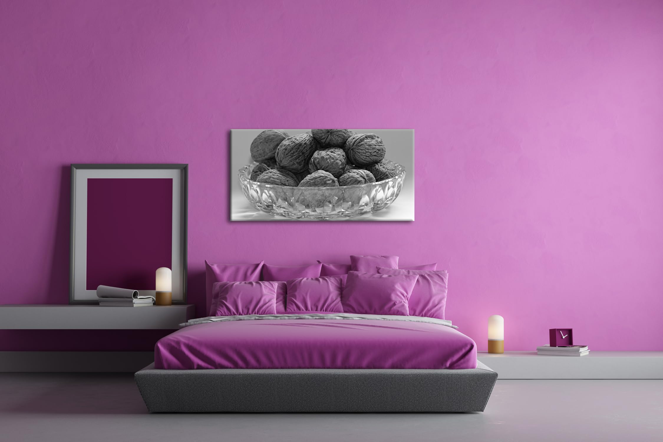 Chrupiące orzechy włoskie w skorupie panorama 100 x 50 cm efekt: czarny/biały jako obraz na płótnie, motyw oprawiony na ramie z prawdziwego drewna, wysokiej jakości druk cyfrowy z ramą