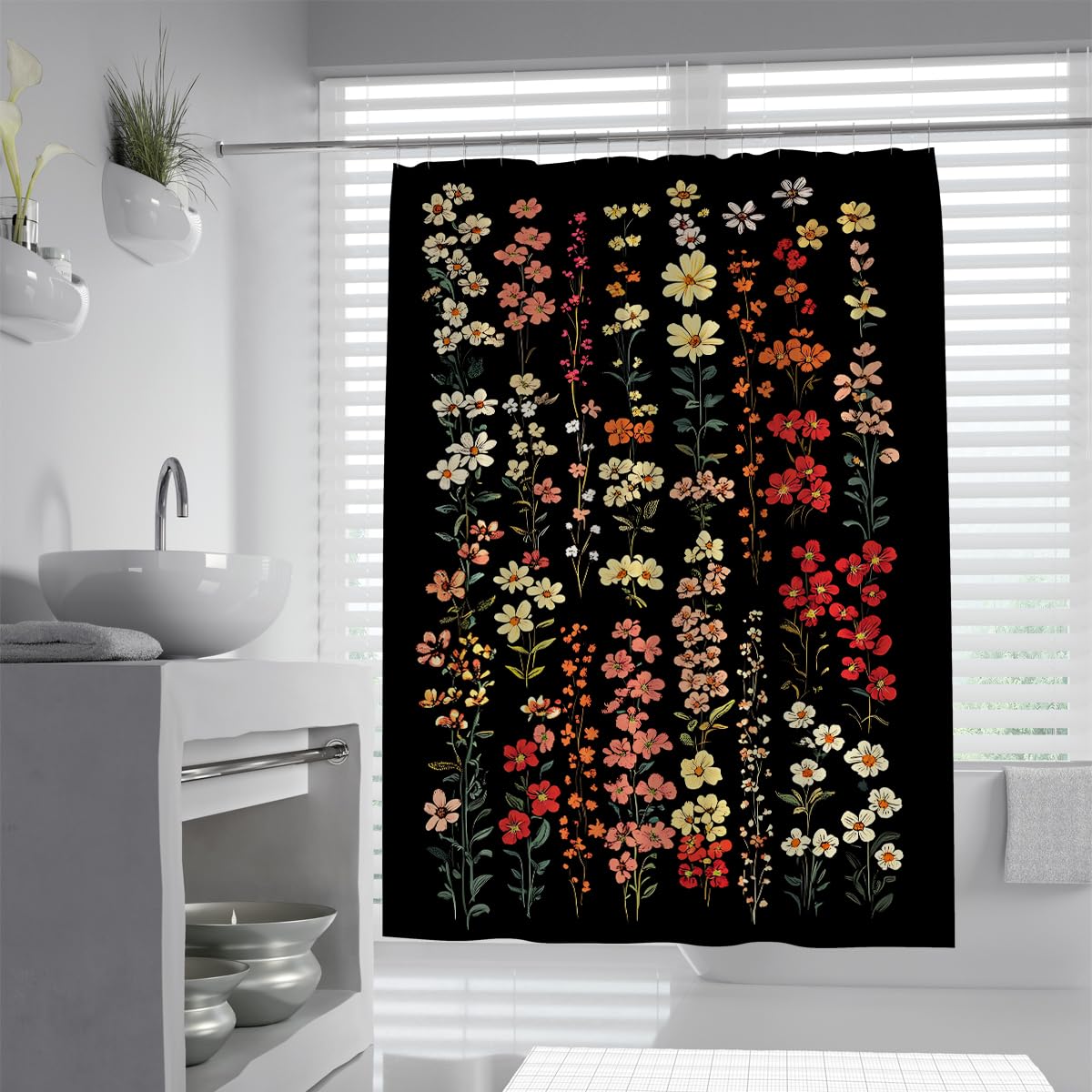 UIRINGART Retro Wildflower Floral Shower Curtain W200xL200cm Cute Meadow Plant Black Background Mildew Resistant Water Repellent Shower Screen With Hooks