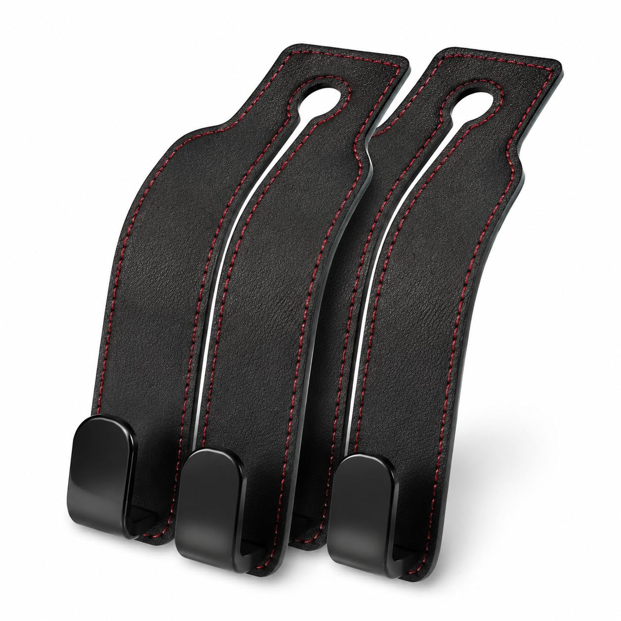 View 1 of ** only comes with one **
Car Seat Headrest Hooks (2 Pack) - Black Leather with Red Stitching