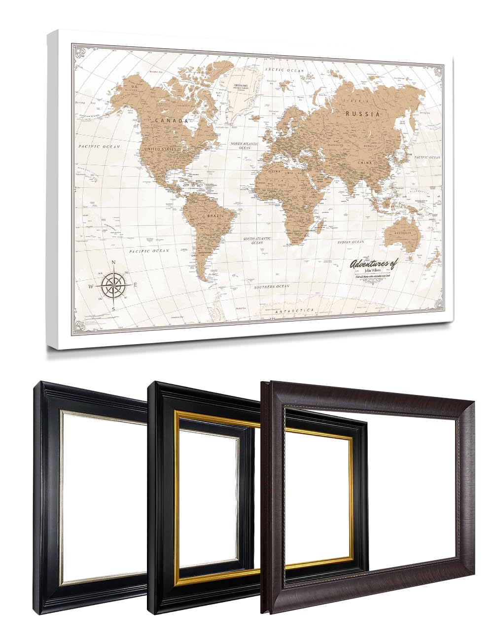 IPIC Personalized Vintage Framed World Map Pin Board, Image Size 36x24 in