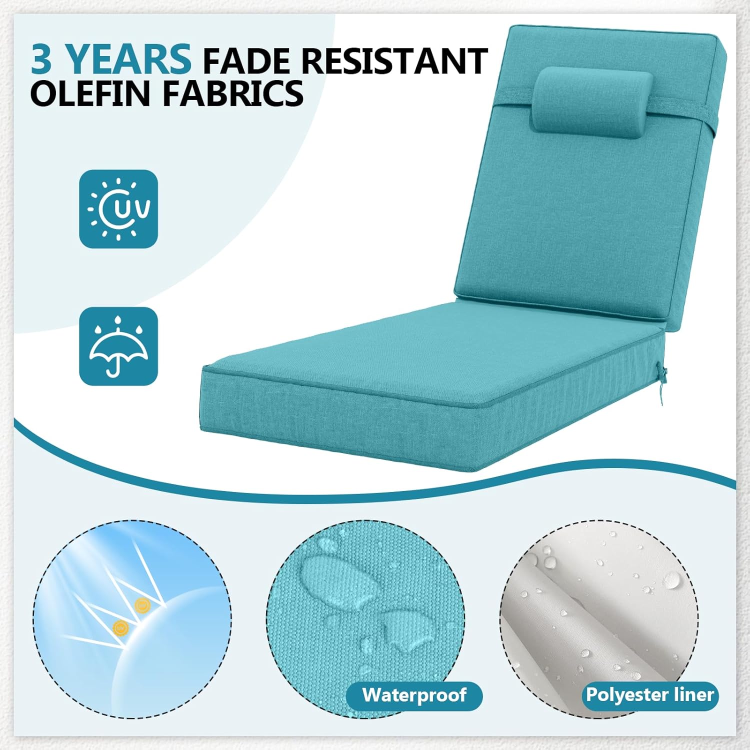 72 x 21 x 4 Inch Olefin Chaise Lounge Cushions, Lounge Chair Cushions with Headrest for Outdoor Furniture - Weather and Fade Resistant Patio Replacement Furniture Lounge Chair Cushion Set of 2