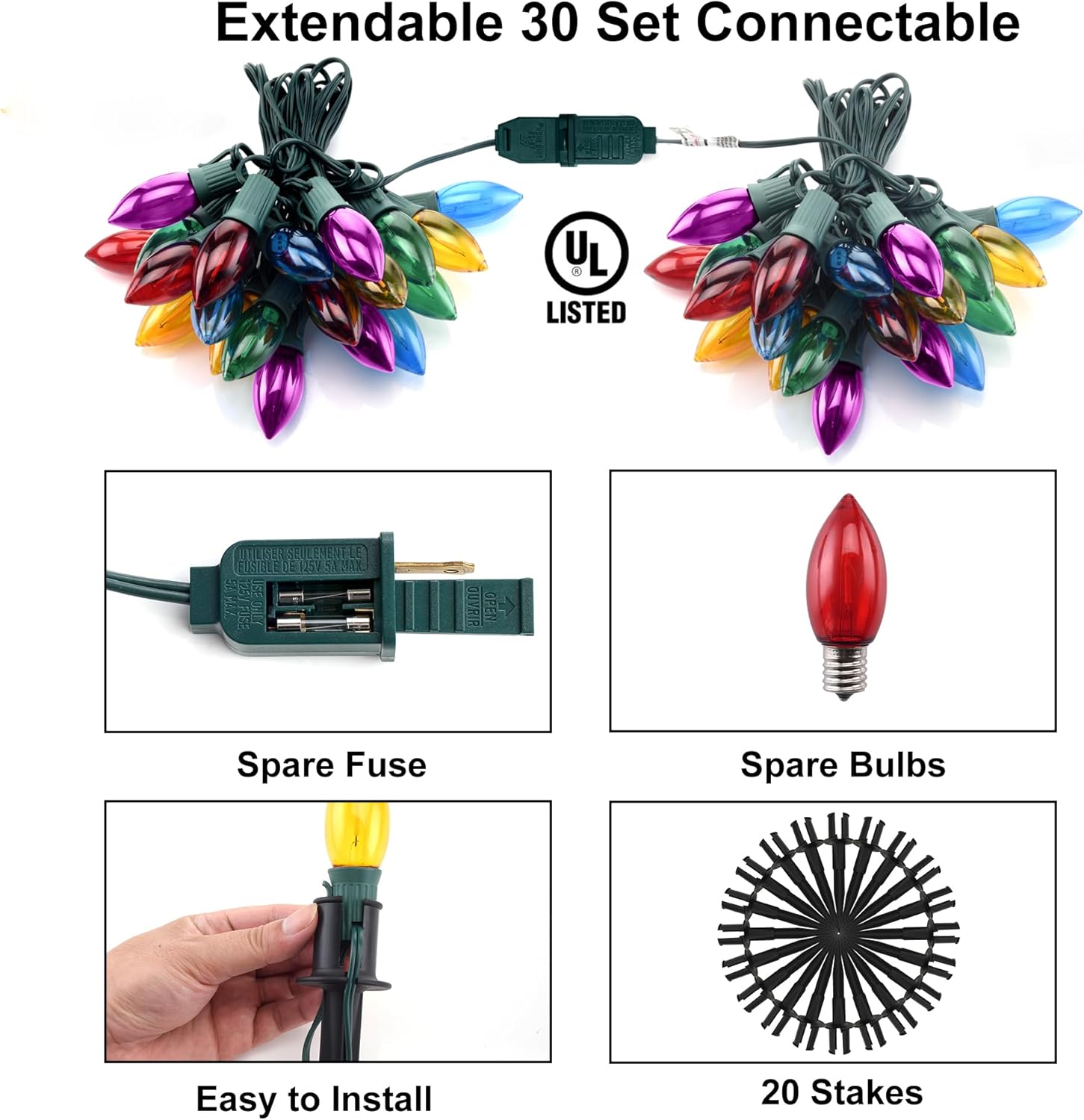 C9 LED Christmas Pathway Lights Outdoor, 24.2ft Multicolored LED Christmas Light with Stakes, Connectable 30 Sets Xmas Decoration Light Outside, Walkway String Light