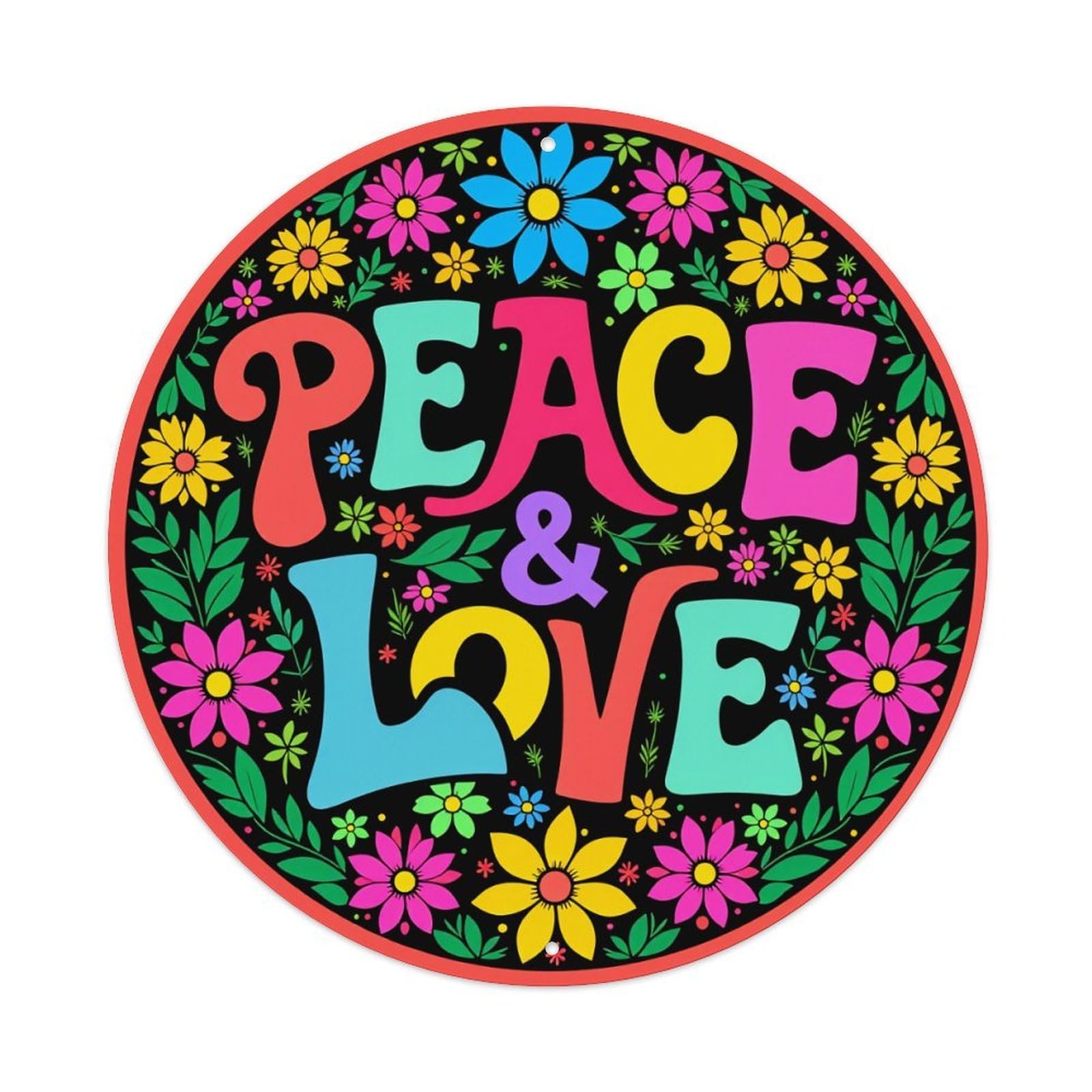 Peace And Love Floral Pattern Round Tin Sign Retro Metal Sign for Cafe Bar Pub Home Game Room Gym Club Wall Decoration Vintage Metal Poster 8x8 Inch