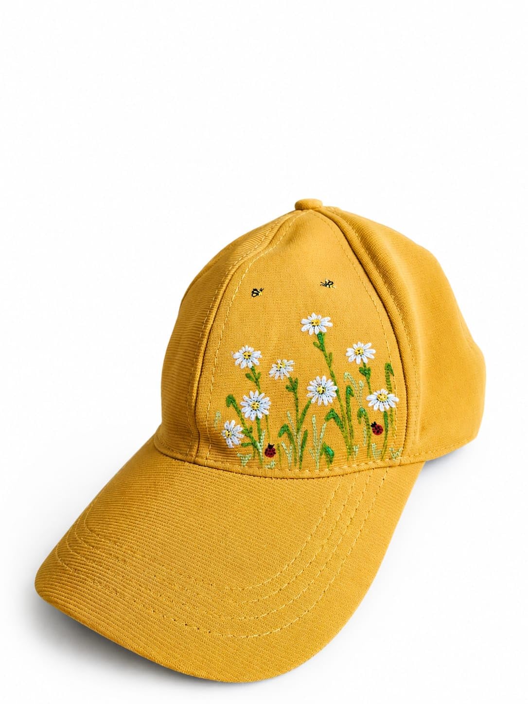 MeDhaga Hand Painted Daisy Baseball Cap, Mustard Yellow, Cotton Nylon Blend, Free Size, Floral Daisy Design with Ladybug and Bee Motif, Unisex-picture-21