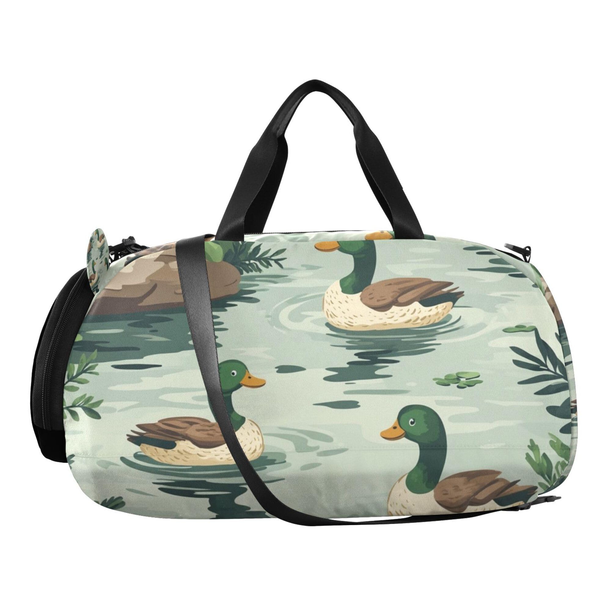 Glaphy Cartoon Green Ducks Duffle Bag for Toddler Girls Boys, Gym Sports Bag with Shoe Compartments, Kids Travel Overnight Weekender Shoulder Bag